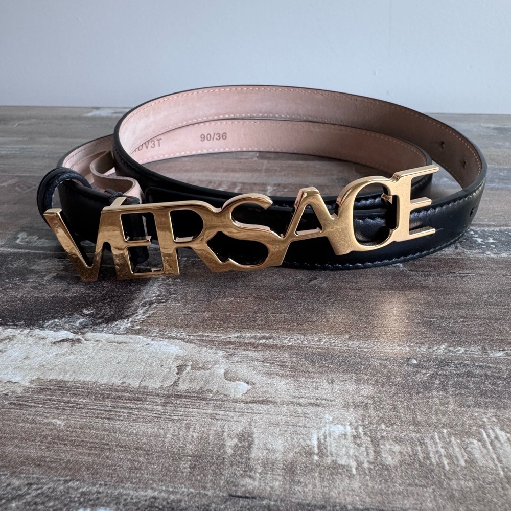 Versace Black Leather Belt with Gold Logo